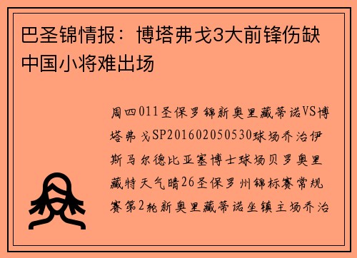 巴圣锦情报：博塔弗戈3大前锋伤缺 中国小将难出场