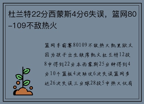 杜兰特22分西蒙斯4分6失误，篮网80-109不敌热火
