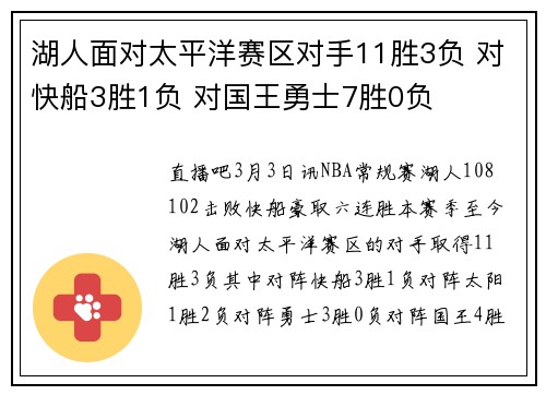 湖人面对太平洋赛区对手11胜3负 对快船3胜1负 对国王勇士7胜0负
