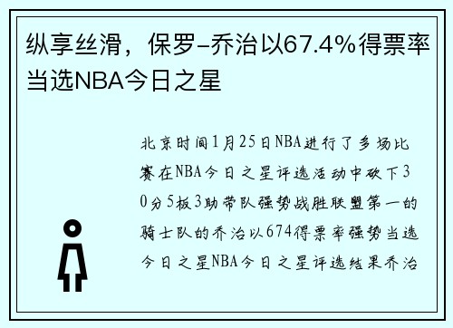 纵享丝滑，保罗-乔治以67.4％得票率当选NBA今日之星