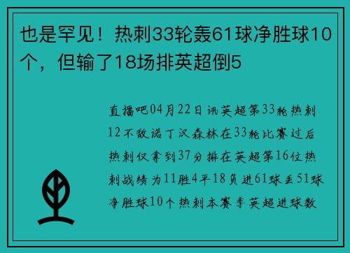 也是罕见！热刺33轮轰61球净胜球10个，但输了18场排英超倒5