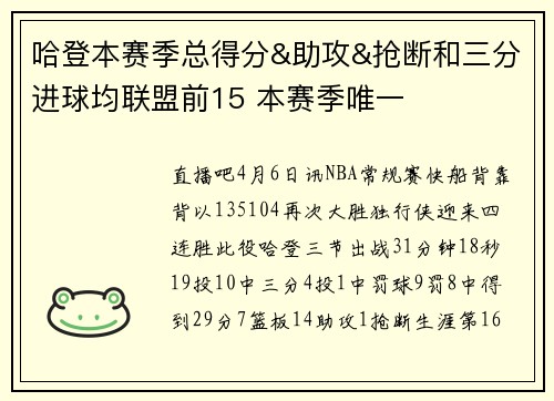 哈登本赛季总得分&助攻&抢断和三分进球均联盟前15 本赛季唯一